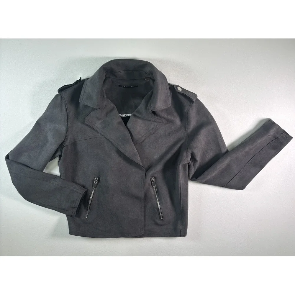 TAHARI Faux Leather Suede Jacket Women's‎ Small Grey Long Sleeve Coat Open